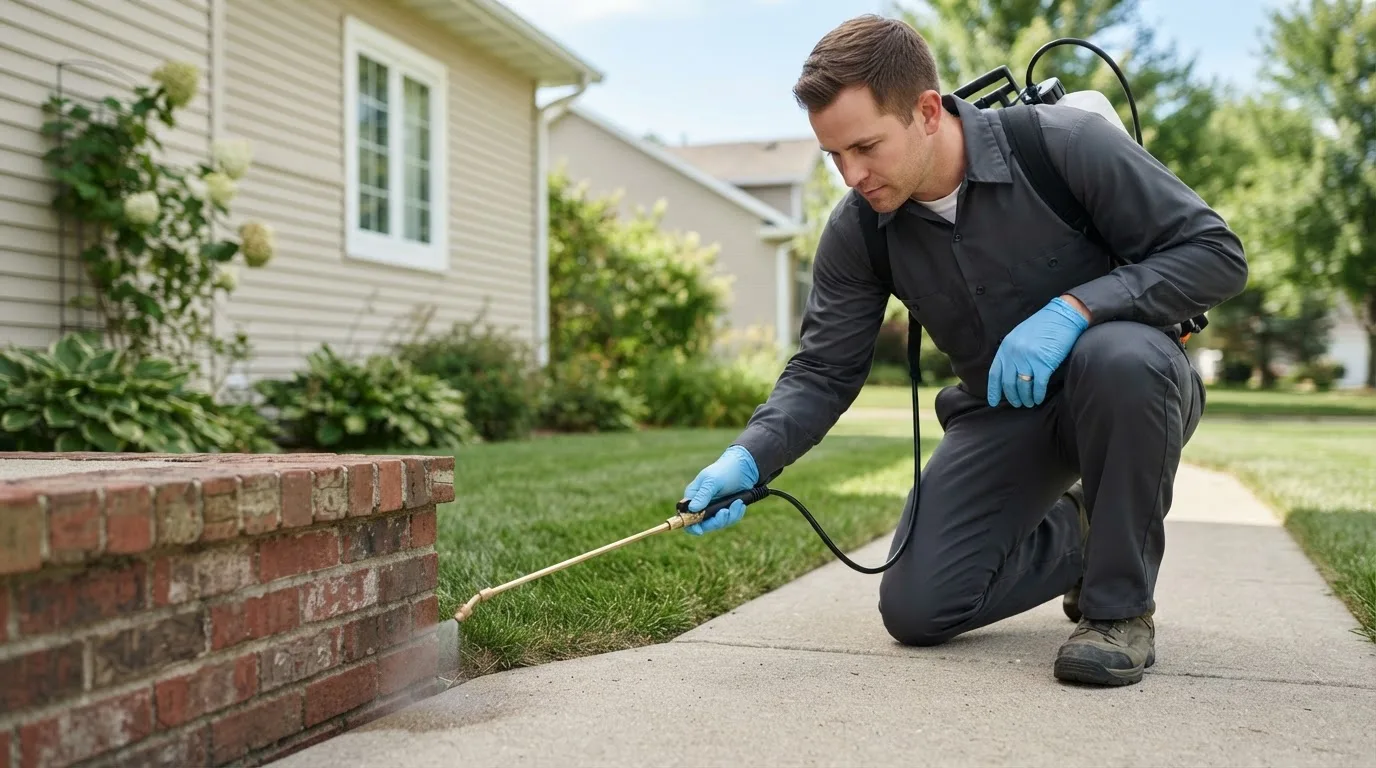 Pest control technician treating a home near Bevinsville, KY