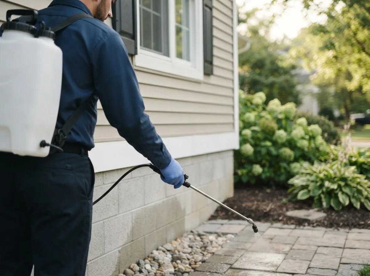 Pest control technician inspecting a home in Bevinsville, KY